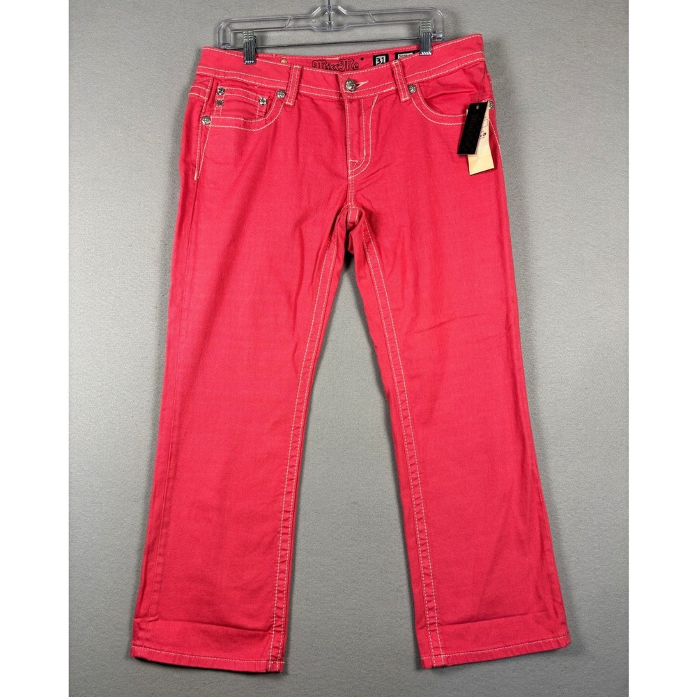 Miss Me Cropped Y2k Jeans Lace Sequin Embellished 31 Melon Pink